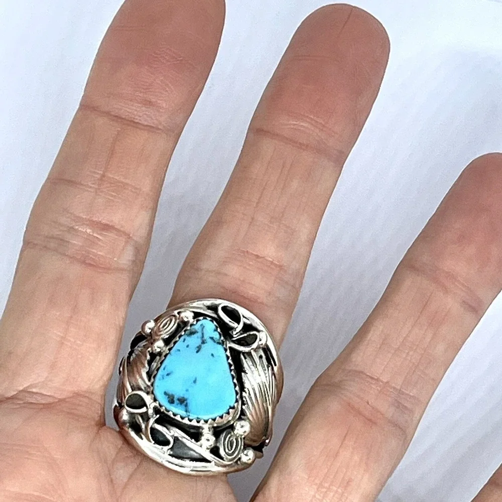 Navajo Turquoise Mens Ring Sz 11 Leaf Feather Sterling Native American Saunders